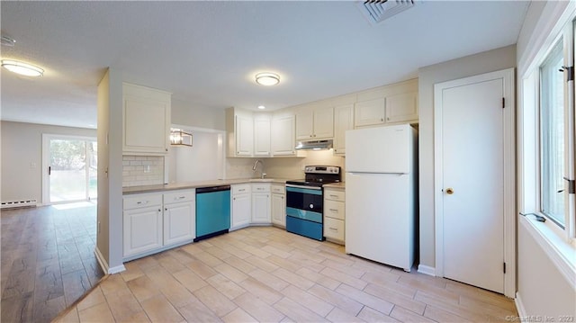 12 Cardinal Dr Unit 12, Farmington, CT 06032 - kitchen with freestanding refrigerator, electric stove, dishwasher, under cabinet range hood, and white cabinetry