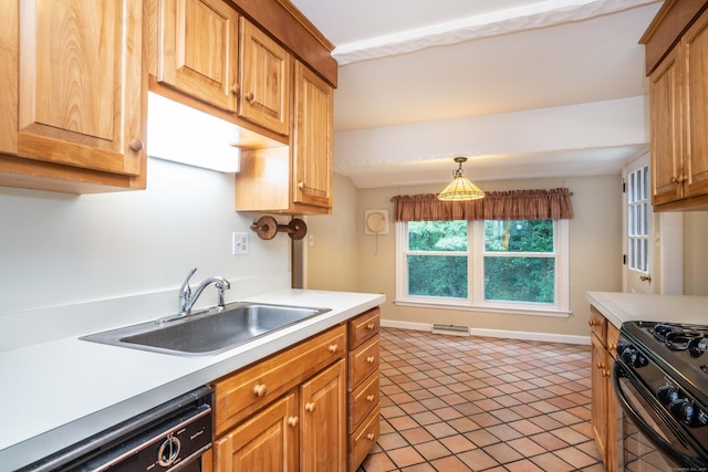 35 Chestnut Hill Rd, Simsbury, CT 06092 - kitchen featuring light countertops, dishwasher, black range with gas stovetop, light tile patterned floors, and decorative light fixtures