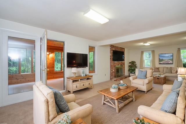 35 Chestnut Hill Rd, Simsbury, CT 06092 - living room featuring light colored carpet and a brick fireplace
