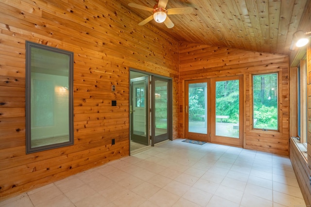 35 Chestnut Hill Rd, Simsbury, CT 06092 - empty room with lofted ceiling, a ceiling fan, wood walls, and wood ceiling