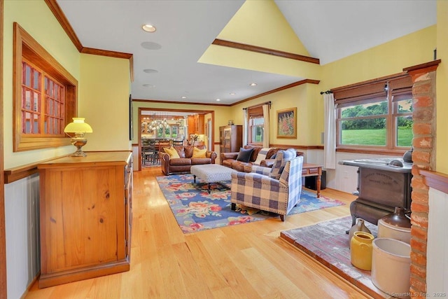 45 Snell Rd, Middlefield, CT 06422 - living room featuring ornamental molding, light wood-style floors, and vaulted ceiling