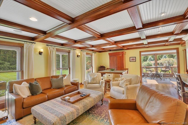 45 Snell Rd, Middlefield, CT 06422 - living area with coffered ceiling, beamed ceiling, light wood-type flooring, healthy amount of natural light, and recessed lighting