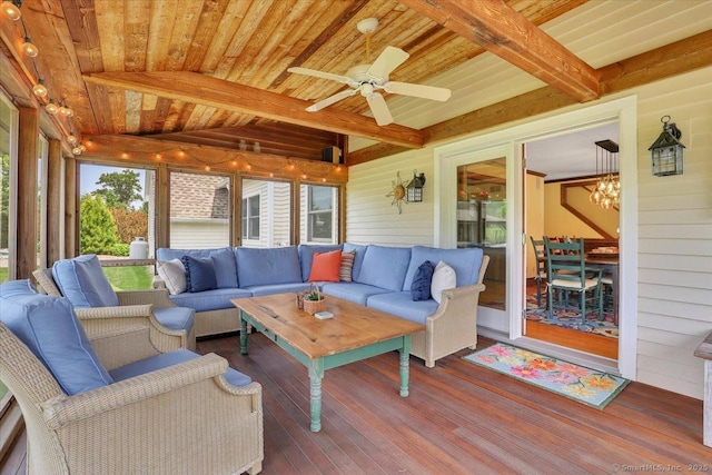 45 Snell Rd, Middlefield, CT 06422 - sunroom / solarium featuring a wood ceiling with exposed beams, healthy amount of natural light, an outdoor hangout area, wood-type flooring, and ceiling fan