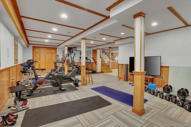 45 Snell Rd, Middlefield, CT 06422 - workout room with ornate columns, carpet flooring, recessed lighting, wainscoting, and wooden walls