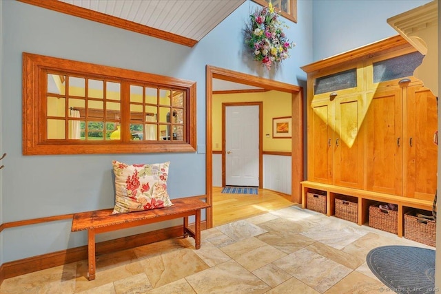 45 Snell Rd, Middlefield, CT 06422 - mudroom featuring vaulted ceiling, wood ceiling, and light stone finish flooring