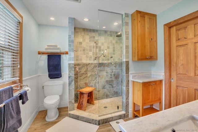 45 Snell Rd, Middlefield, CT 06422 - full bath featuring a shower stall, vanity, wood finished floors, recessed lighting, and a wainscoted wall