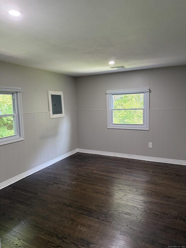 116 Howd Rd, Durham, CT 06422 - unfurnished room featuring dark wood-type flooring, plenty of natural light, a wainscoted wall, recessed lighting, and wood walls