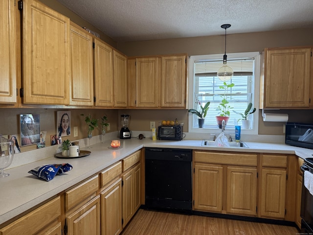 337 Zion St, Hartford, CT 06106 - kitchen featuring black appliances, light countertops, a textured ceiling, light wood-style flooring, and decorative light fixtures