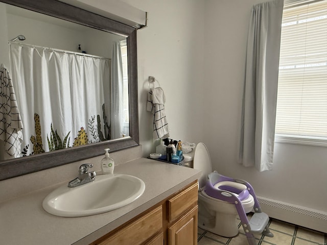 337 Zion St, Hartford, CT 06106 - bathroom with a baseboard radiator, tile patterned floors, vanity, and a shower with curtain