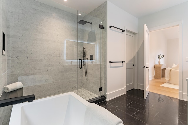 22 Limekiln Rd, Redding, CT 06896 - full bathroom featuring a bathtub, a shower stall, and baseboards
