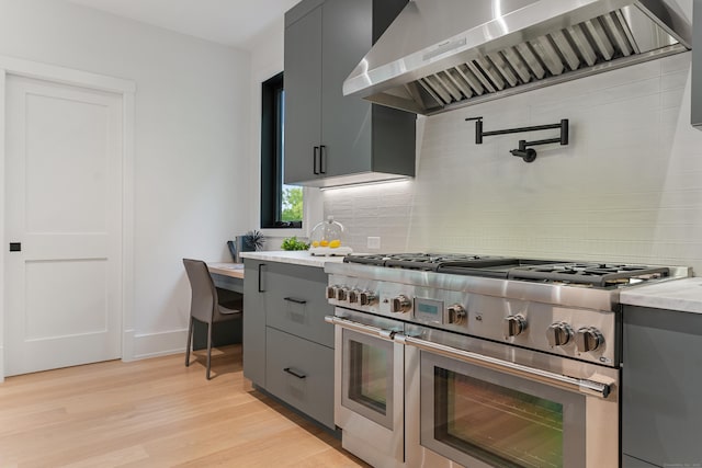 22 Limekiln Rd, Redding, CT 06896 - kitchen featuring double oven range, wall chimney exhaust hood, gray cabinetry, and backsplash