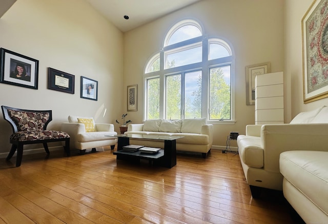 7 Trumbull Ln, Farmington, CT 06032 - living room with healthy amount of natural light, high vaulted ceiling, hardwood / wood-style flooring, and baseboards