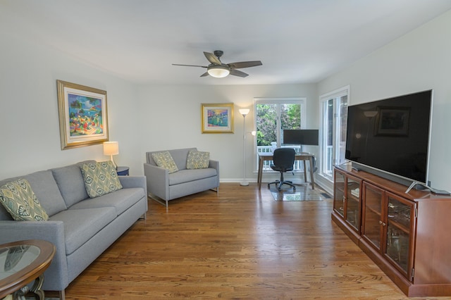 156 Main St, Ridgefield, CT 06877 - living area with wood finished floors, a ceiling fan, an office area, and baseboards