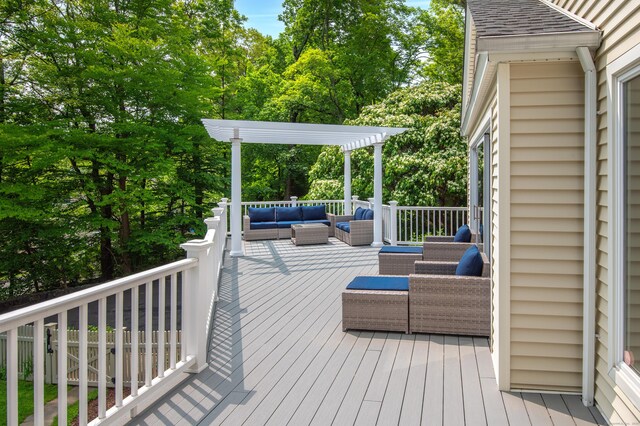 156 Main St, Ridgefield, CT 06877 - wooden deck featuring an outdoor living space and a pergola
