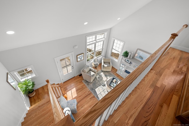 7 Ivy Hill Rd, Waterford, CT 06385 - living room with baseboards, high vaulted ceiling, light wood finished floors, and recessed lighting