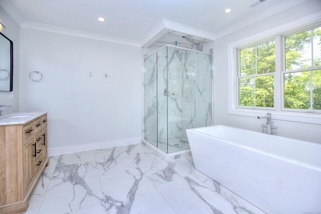 59 Thornhill Rd, Fairfield, CT 06824 - bathroom with a marble finish shower, vanity, a freestanding bath, marble look tiles, and baseboards