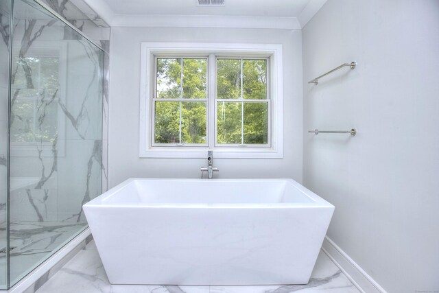 59 Thornhill Rd, Fairfield, CT 06824 - full bathroom with marble finish floors, a freestanding bath, a marble finish shower, ornamental molding, and baseboards