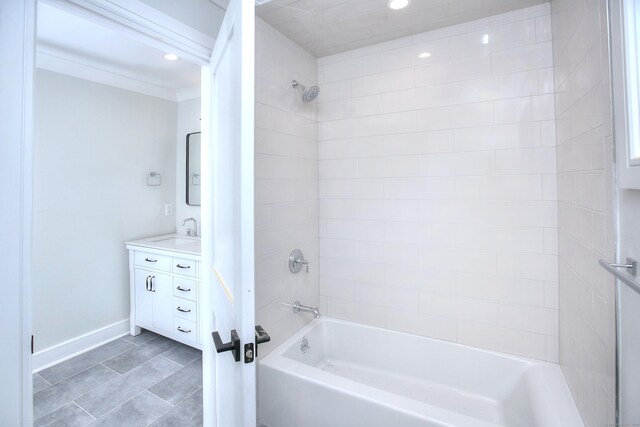 59 Thornhill Rd, Fairfield, CT 06824 - bathroom with vanity, tub / shower combination, tile patterned floors, recessed lighting, and baseboards