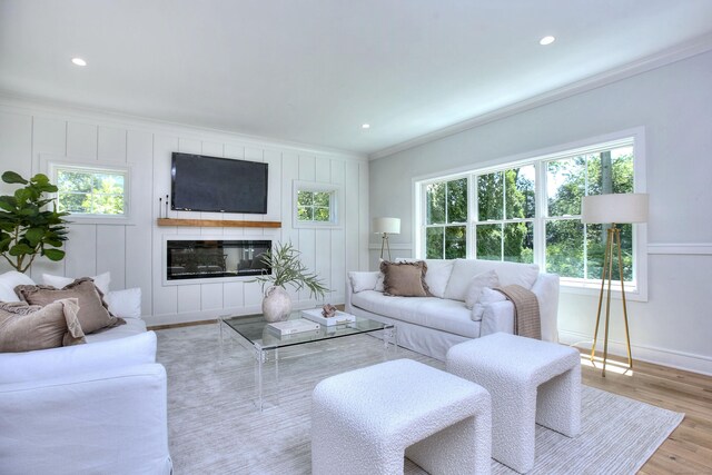 59 Thornhill Rd, Fairfield, CT 06824 - living area with crown molding, healthy amount of natural light, wood finished floors, a glass covered fireplace, and recessed lighting