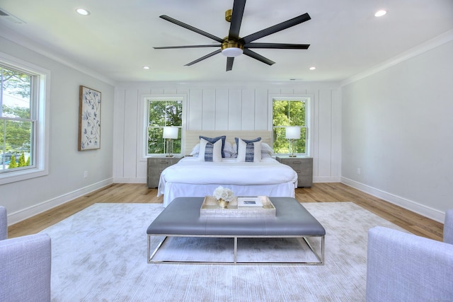 59 Thornhill Rd, Fairfield, CT 06824 - bedroom with multiple windows, ornamental molding, recessed lighting, light wood-style flooring, and ceiling fan
