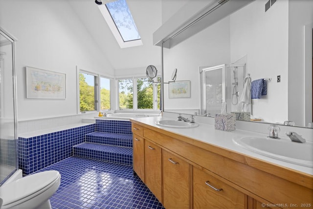 159 Mountain Rd, Ridgefield, CT 06877 - full bathroom with a skylight, a shower stall, double vanity, toilet, and tile patterned floors
