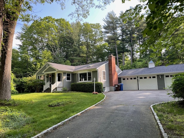 15 Hallsey Ln, Woodbridge, CT 06525 - single story home featuring driveway, an outbuilding, a front yard, a garage, and a chimney