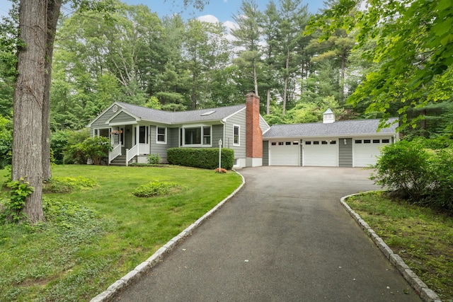 15 Hallsey Ln, Woodbridge, CT 06525 - ranch-style house featuring driveway, a front yard, an attached garage, a chimney, and view of scattered trees