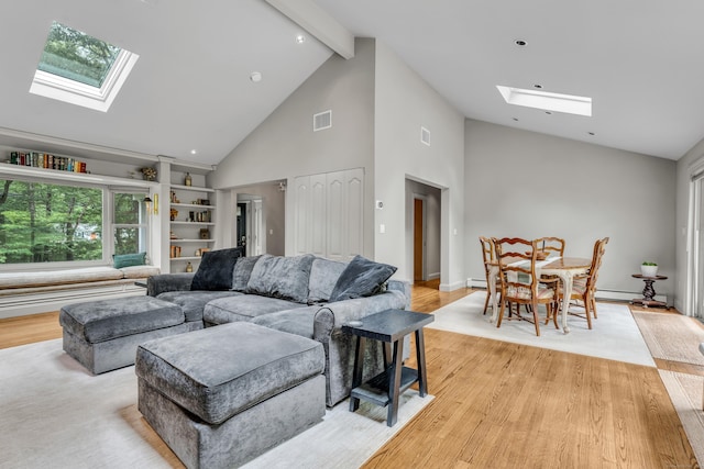 15 Hallsey Ln, Woodbridge, CT 06525 - living area featuring a skylight, high vaulted ceiling, beam ceiling, light wood-type flooring, and recessed lighting