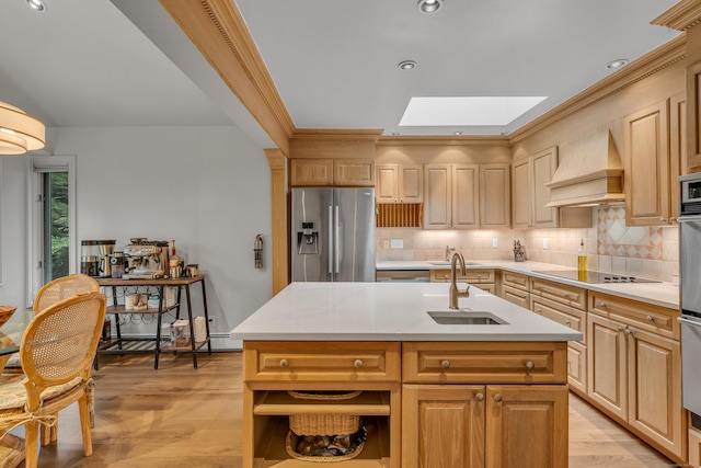 15 Hallsey Ln, Woodbridge, CT 06525 - kitchen with stainless steel appliances, custom range hood, a skylight, light countertops, and recessed lighting