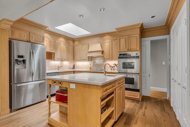 15 Hallsey Ln, Woodbridge, CT 06525 - kitchen featuring appliances with stainless steel finishes, premium range hood, a skylight, open shelves, and light countertops