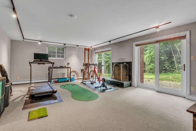 15 Hallsey Ln, Woodbridge, CT 06525 - workout room featuring rail lighting, carpet floors, and a baseboard radiator