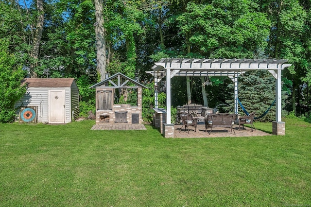 6 Victoria Rd, Portland, CT 06480 - view of grassy yard featuring a storage unit, a pergola, and a patio