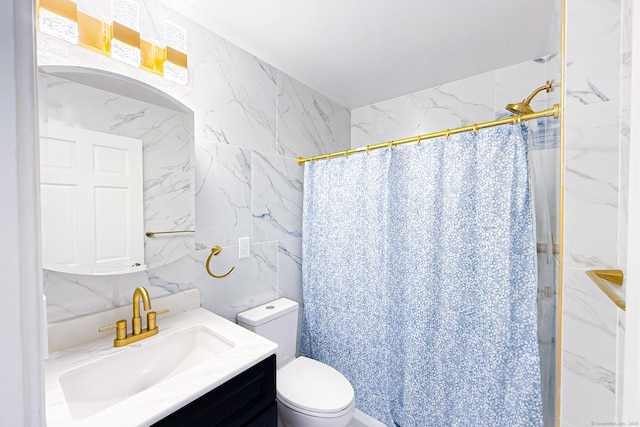 34 River St, East Haven, CT 06512 - bathroom with tile walls, vanity, a shower with shower curtain, toilet, and backsplash