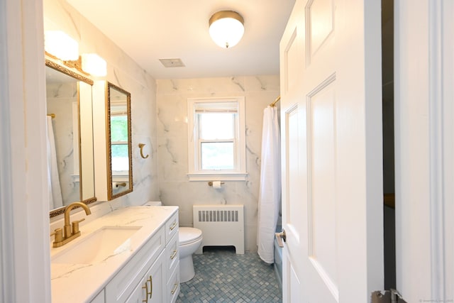 34 River St, East Haven, CT 06512 - full bathroom featuring radiator, toilet, vanity, tile patterned flooring, and a shower with curtain
