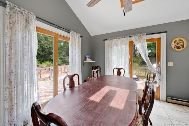 18 Robbie Rd, East Haddam, CT 06469 - dining space with lofted ceiling, a baseboard heating unit, light tile patterned floors, and a ceiling fan