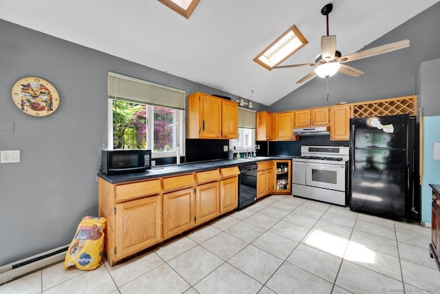 18 Robbie Rd, East Haddam, CT 06469 - kitchen with black appliances, a baseboard heating unit, under cabinet range hood, a skylight, and lofted ceiling