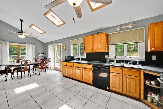 18 Robbie Rd, East Haddam, CT 06469 - kitchen with black appliances, a ceiling fan, a sink, a skylight, and lofted ceiling