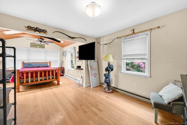18 Robbie Rd, East Haddam, CT 06469 - bedroom with light wood-style flooring, a baseboard radiator, lofted ceiling, ceiling fan, and baseboards