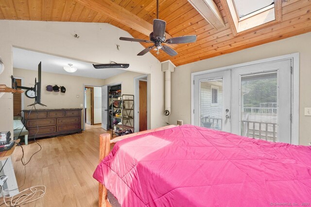 18 Robbie Rd, East Haddam, CT 06469 - bedroom featuring french doors, wooden ceiling, light wood-type flooring, access to exterior, and a skylight
