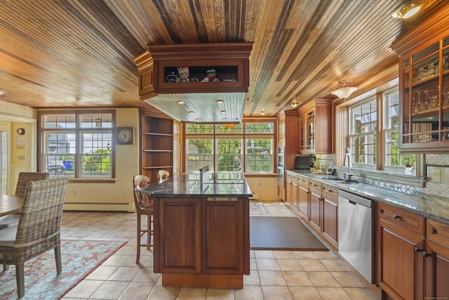 5 Oakwood Rd, Old Saybrook, CT 06475 - kitchen with wood ceiling, dishwasher, a baseboard heating unit, a kitchen island, and a kitchen bar