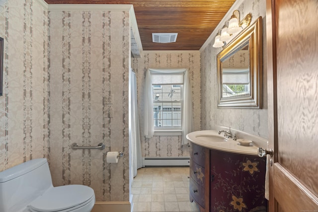 5 Oakwood Rd, Old Saybrook, CT 06475 - bathroom with baseboard heating, vanity, wallpapered walls, and wooden ceiling