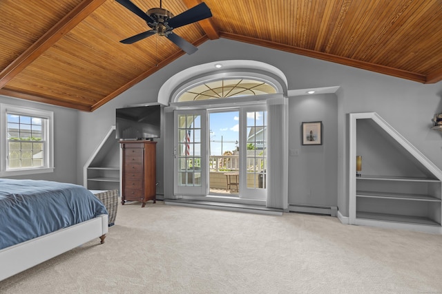 5 Oakwood Rd, Old Saybrook, CT 06475 - bedroom with wooden ceiling, carpet floors, lofted ceiling, access to exterior, and a baseboard radiator