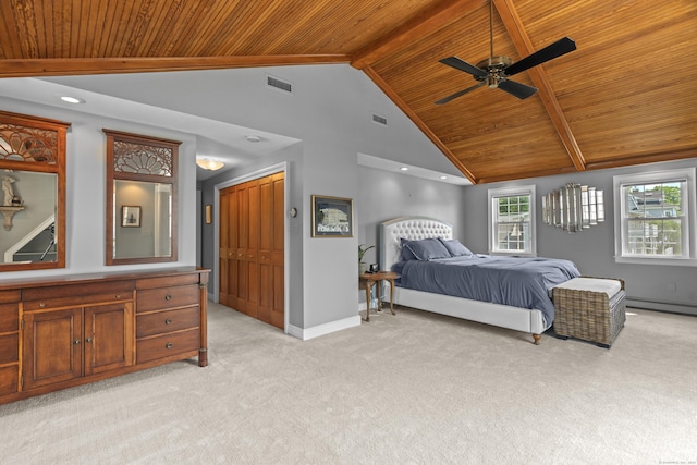 5 Oakwood Rd, Old Saybrook, CT 06475 - bedroom featuring a wood ceiling with exposed beams, light colored carpet, high vaulted ceiling, recessed lighting, and a ceiling fan