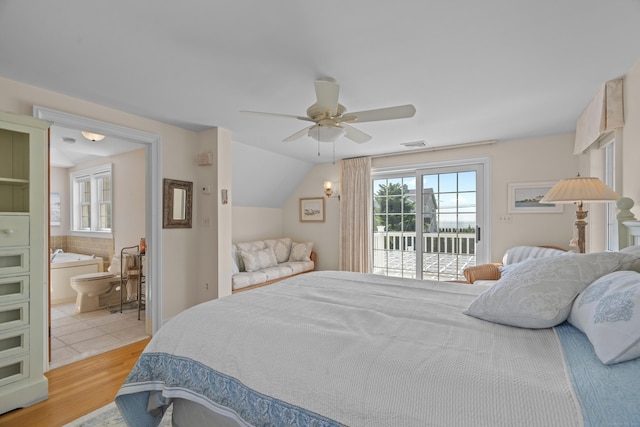 5 Oakwood Rd, Old Saybrook, CT 06475 - bedroom featuring access to outside, light wood-style floors, ceiling fan, and connected bathroom
