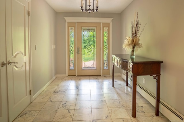 70R Tri Mountain Rd, Durham, CT 06422 - entryway with light marble finish flooring, baseboards, baseboard heating, and a chandelier
