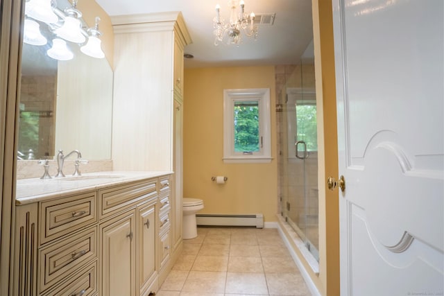 70R Tri Mountain Rd, Durham, CT 06422 - bathroom with a baseboard radiator, a chandelier, vanity, tile patterned floors, and a stall shower