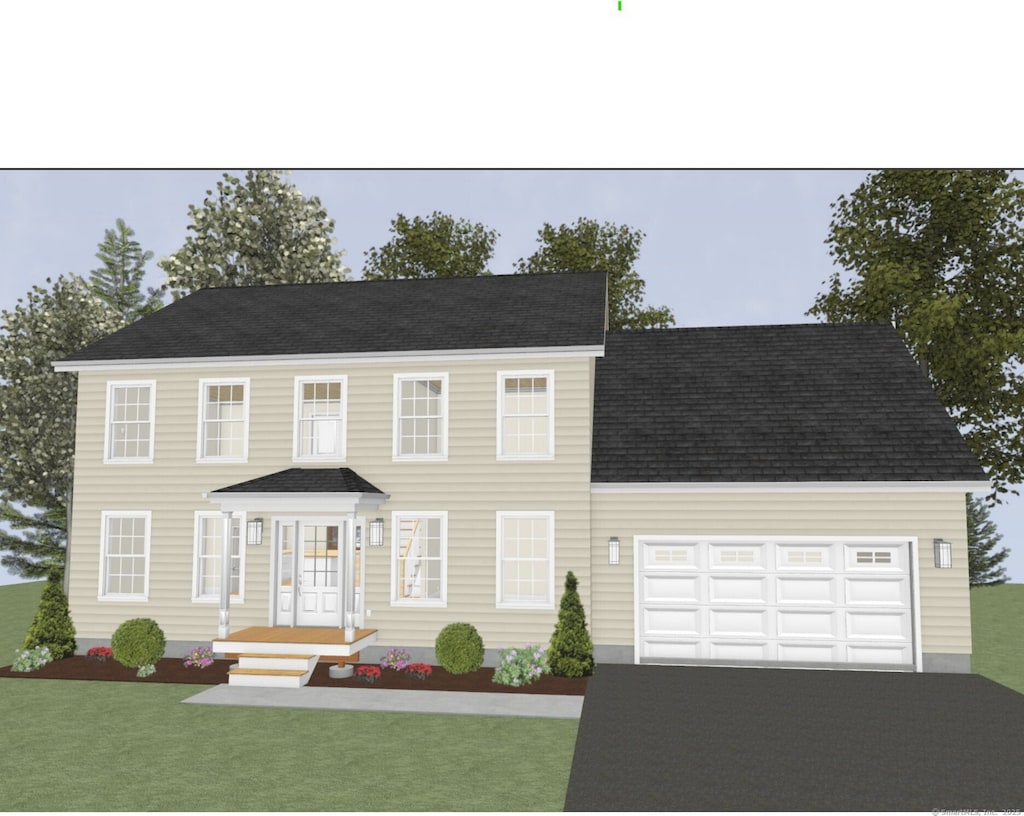 16 Abbey Rd, Ledyard, CT 06339 - colonial inspired home with driveway, a front yard, an attached garage, and roof with shingles