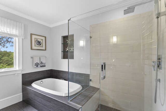 42 Woodledge Rd, Stamford, CT 06907 - bathroom featuring a garden tub, a shower stall, and crown molding