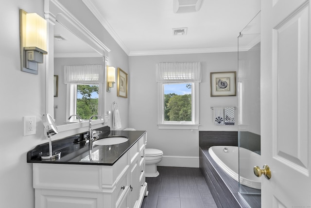 42 Woodledge Rd, Stamford, CT 06907 - full bathroom with vanity, a tub to relax in, healthy amount of natural light, and ornamental molding