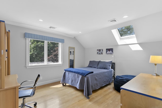 42 Woodledge Rd, Stamford, CT 06907 - bedroom featuring a skylight, light wood-style flooring, recessed lighting, and vaulted ceiling